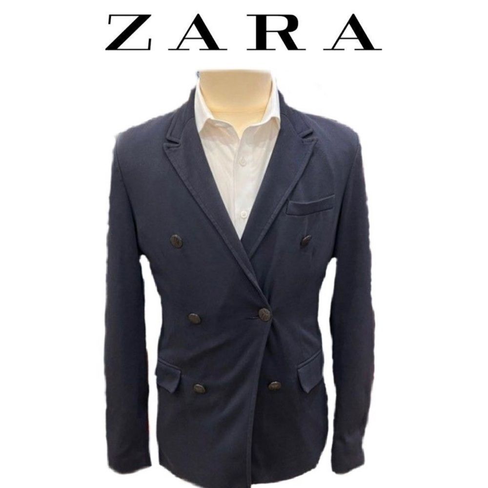 Zara Man Navy Blue Double Breasted Notch Collar Blazer Sport Coat Size Medium